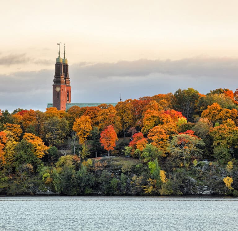 Högalidskyrkkan i bakgrunden med höstfärgade träd i förgrunden