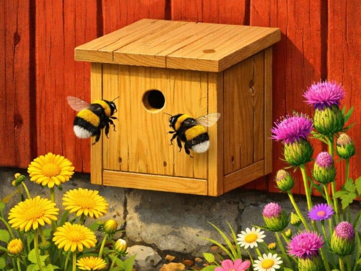 Ett humlebo på en husvägg. Formen på boet är som en fågelholk.